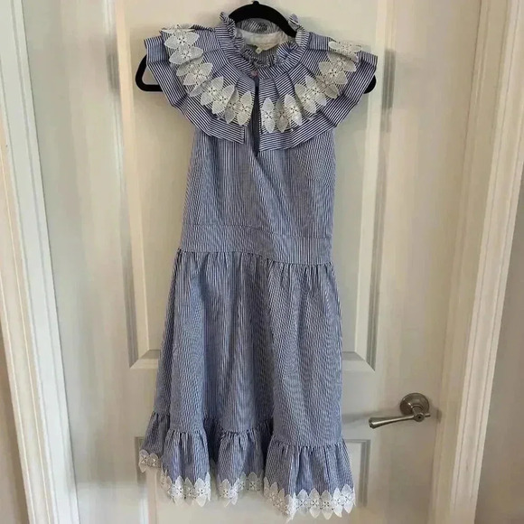 809 Ted Baker stripped blue white lace detail midi dress size 4 - Picture 8 of 14